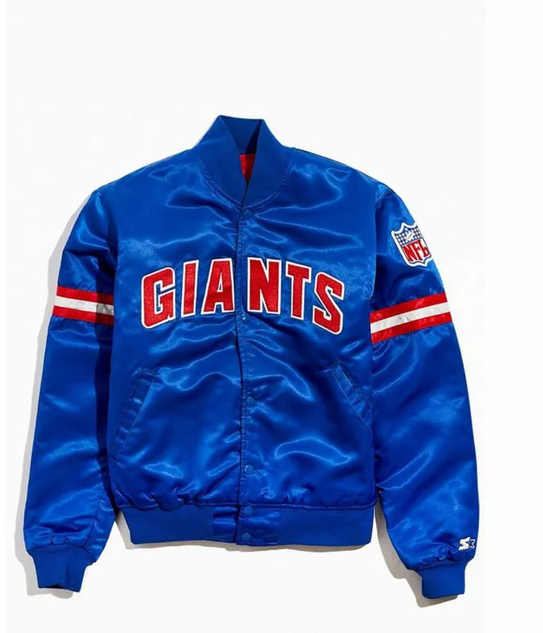 New York Giants Full-Snap Varsity Blue Satin Men's Bomber Jacket