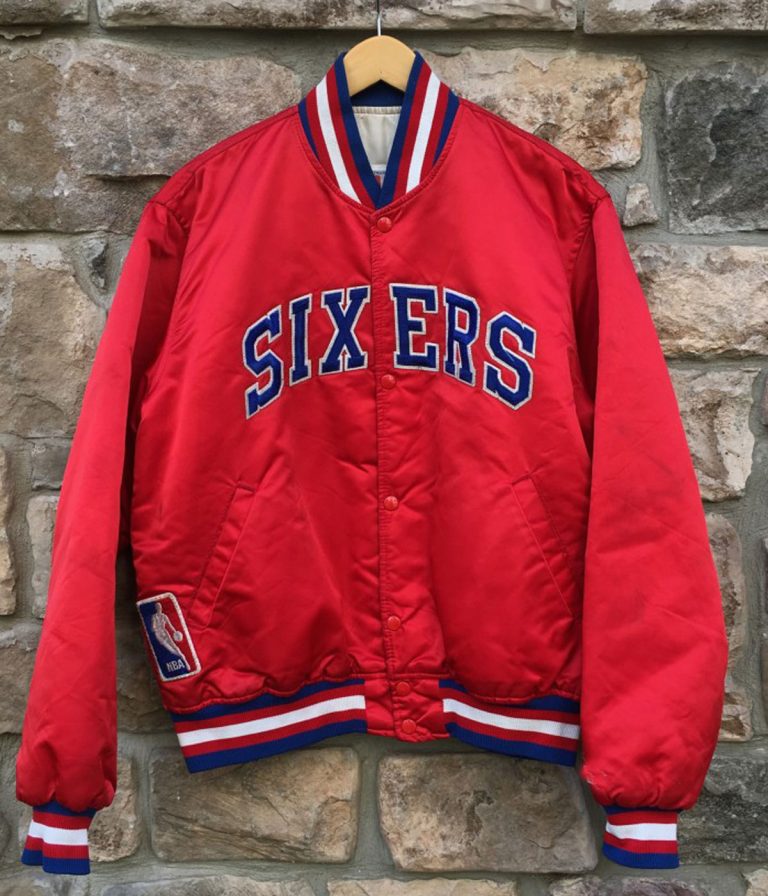 Philadelphia 76ers Vintage Full-Snap Varsity Red Satin Men's Bomber Jacket