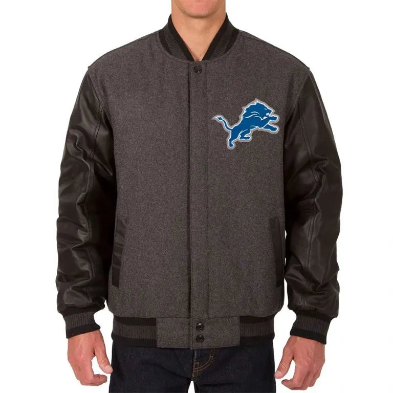 Detroit Lions Charcoal Wool & Black Genuine Leather Sleeves Men's Varsity Jacket