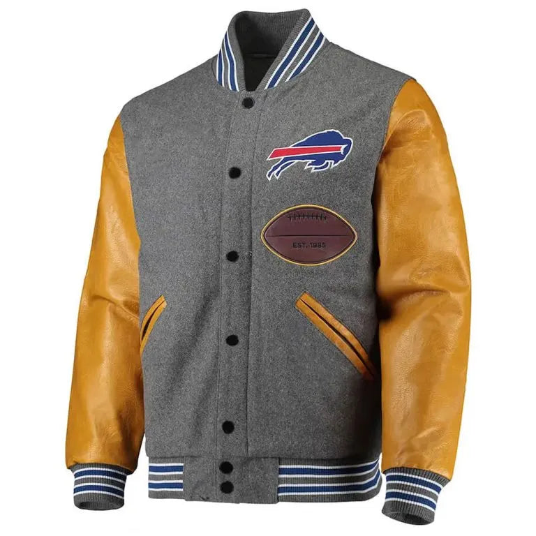 Buffalo Bills Gray Wool and Gold Leather Sleeves Full-Snap Varsity Men's Jacket