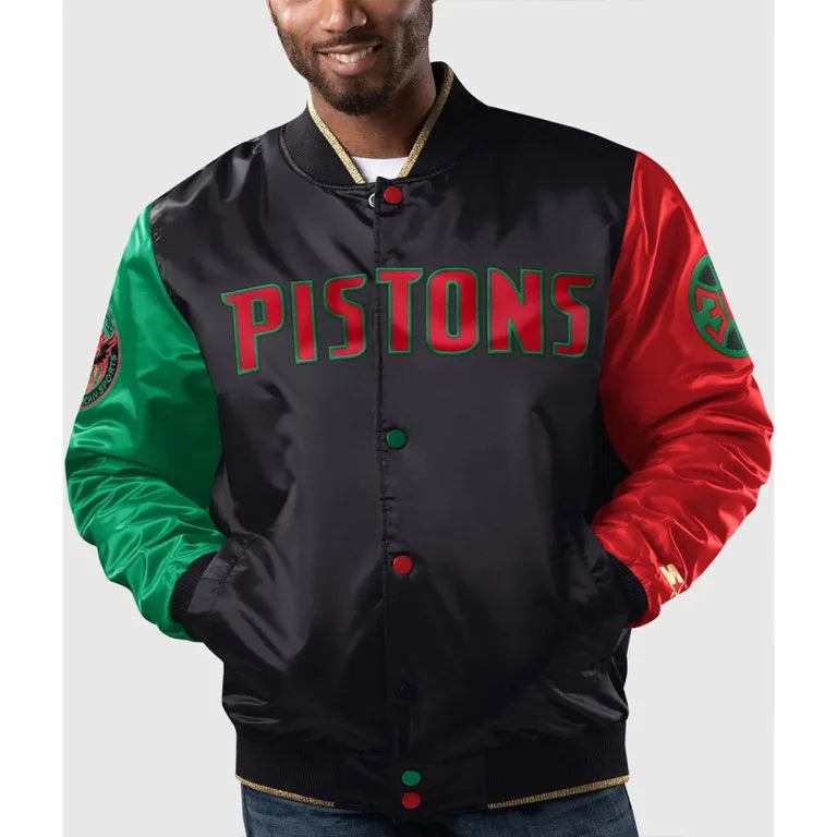 Detroit Pistons Ty Mopkins Black History Month Full-Snap Varsity Satin Men's Bomber Jacket