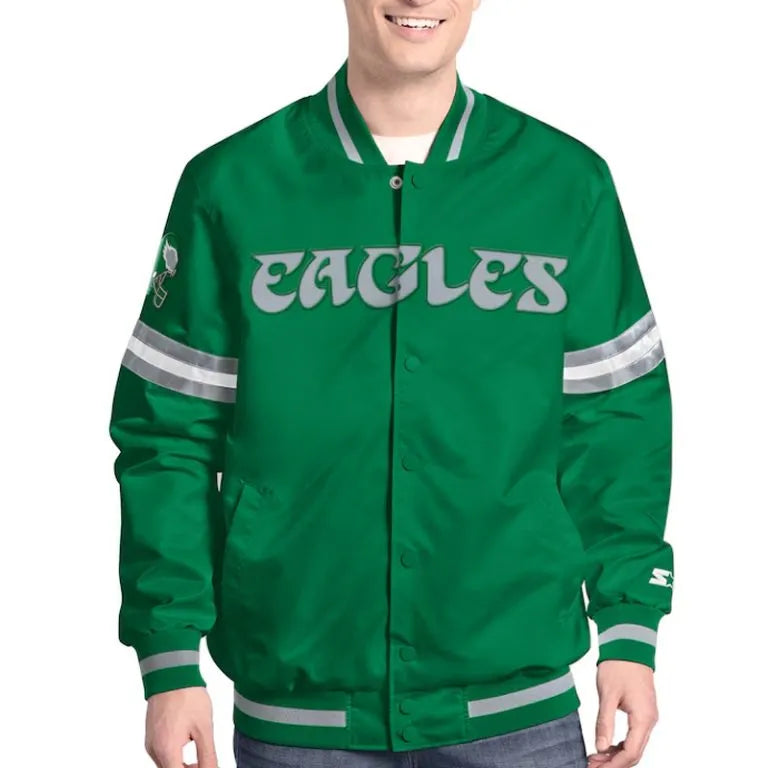Philadelphia Eagles Vintage Scout Full-Snap Varsity Green Satin Men's Bomber Jacket