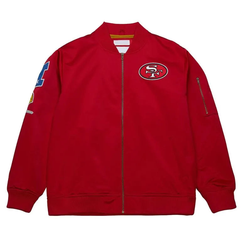 San Francisco 49ers Lightweight Full-Zip Varsity Red Satin Men's Bomber Jacket