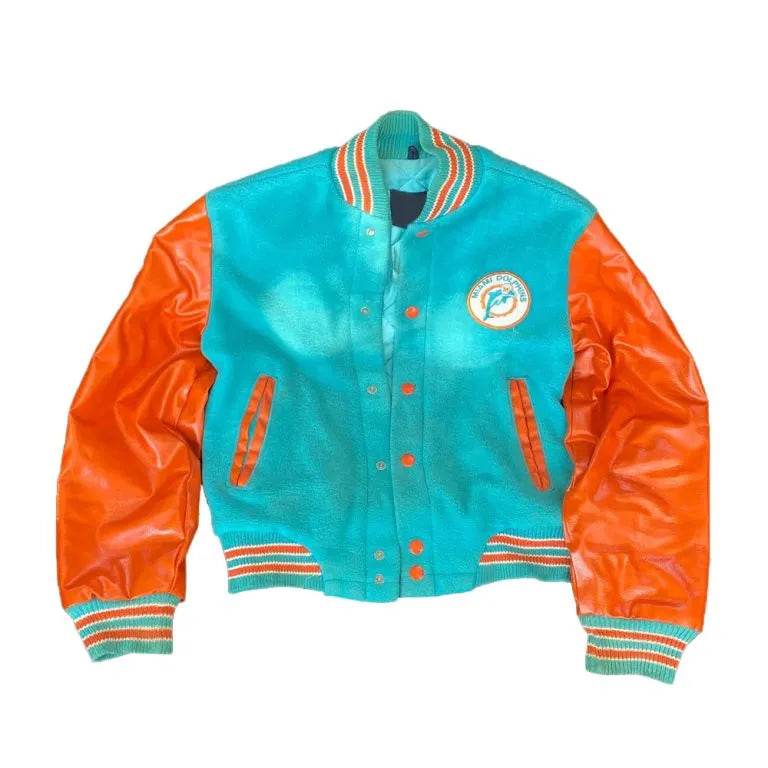 Miami Dolphins Aqua Wool and Orange Genuine Leather Sleeves Men's Varsity Letterman Jacket