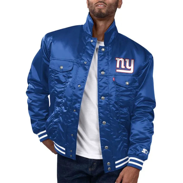 New York Giants Silver Tab Trucker Full-Snap Varsity Royal Blue Satin Men's Bomber Jacket