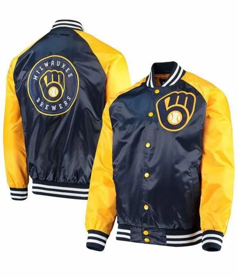 Milwaukee Brewers Blue and Yellow Satin Varsity Full-Snap Men's Jacket