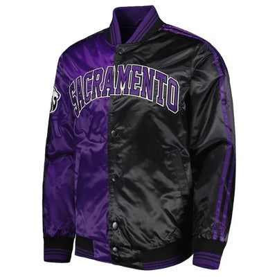 Sacramento Kings Fast Break Full-Snap Varsity Purple and Black Satin Men's Bomber Jacket