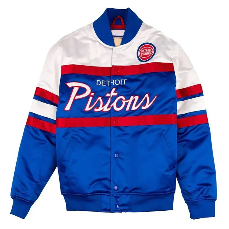 Detroit Pistons Special Script Full-Snap Varsity Royal Blue & White Satin Men's Bomber Jacket