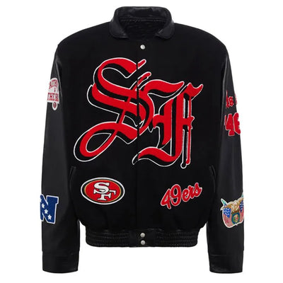 JH San Francisco 49ers Black Wool & Genuine Leather Sleeves Men's Varsity Letterman Jacket