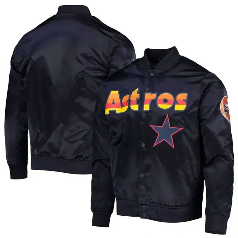 Houston Astros Wordmark Black Satin Full Snap Bomber Men's Jacket