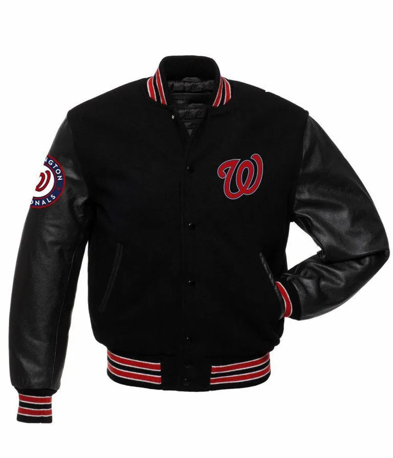 Washington Nationals Black Wool & Leather Sleeves Varsity Men's Jacket