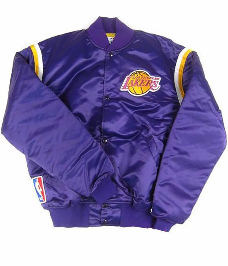 80s Los Angeles Lakers Vintage Full-Snap Varsity Purple Satin Men's Bomber Jacket