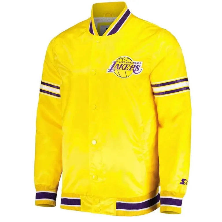 Los Angeles Lakers Slider Full-Snap Varsity Yellow Satin Men's Bomber Jacket
