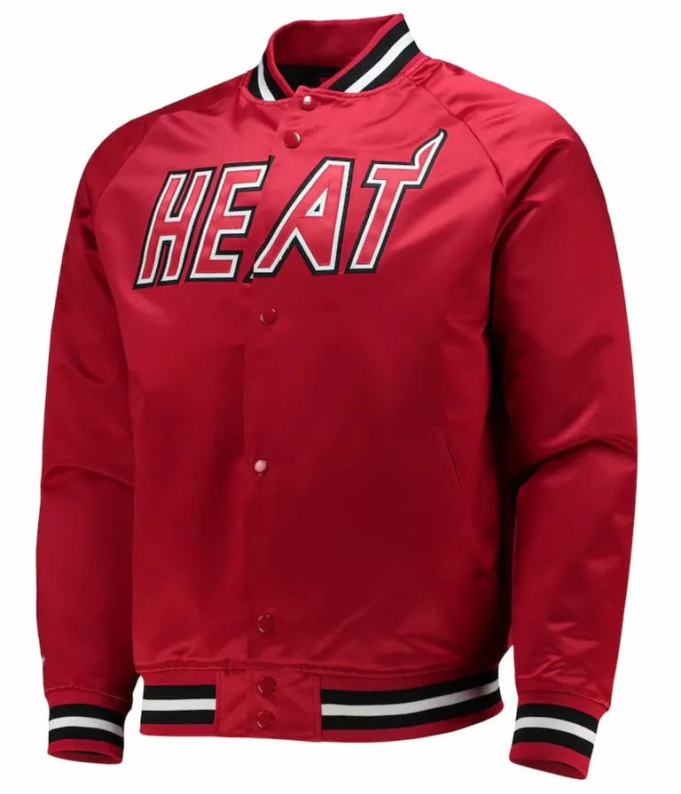 Miami Heat Hardwood Classics Full-Snap Varsity Red Satin Men's Bomber Jacket