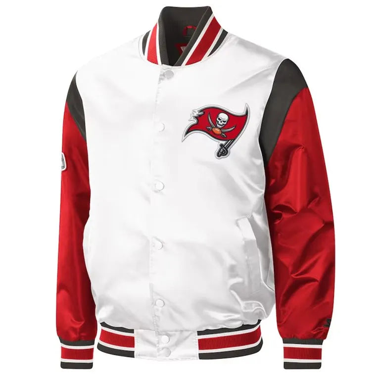 Tampa Bay Buccaneers Throwback Warm Up Pitch Full-Snap Varsity Red & White Satin Men's Bomber Jacket