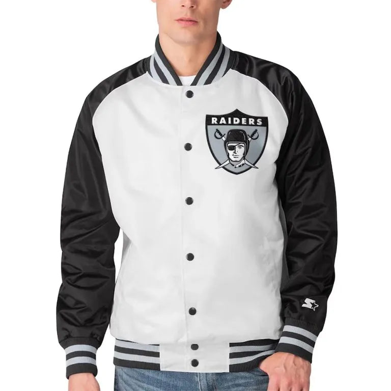 Los Angeles Raiders Clean Up Throwback Full-Snap Varsity White & Black Satin Men's Bomber Jacket