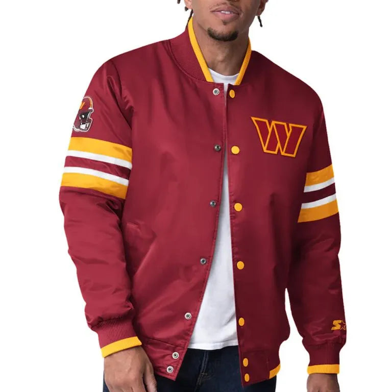 Washington Commanders Scout I Full-Snap Varsity Burgundy Satin Men's Bomber Jacket