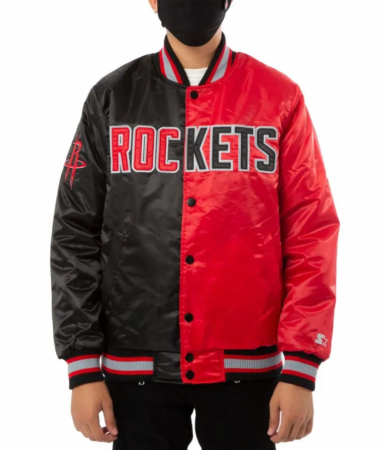 Houston Rockets Full-Snap Varsity Red and Black Satin Men's Bomber Jacket