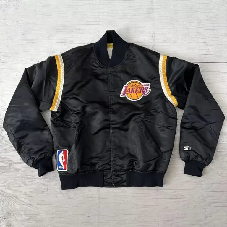 80s Los Angeles Lakers Vintage Full-Snap Varsity Yellow Satin Men's Bomber Jacket