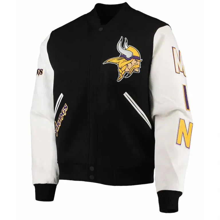 Minnesota Vikings Black Wool and White Genuine Leather Sleeves Men's Varsity Letterman Jacket