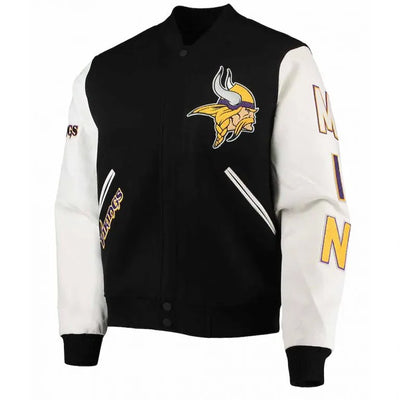 Minnesota Vikings Black Wool and White Genuine Leather Sleeves Men's Varsity Letterman Jacket