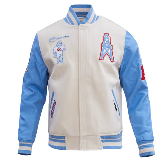 Houston Oilers Retro Classic Off-White Wool and Light Blue Genuine Leather Sleeves Men's Varsity Letterman Jacket