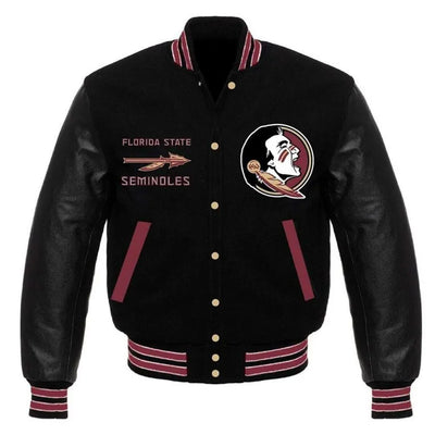 Florida State Seminoles Black Wool & Genuine Leather Sleeves Men's Letterman Varsity Jacket