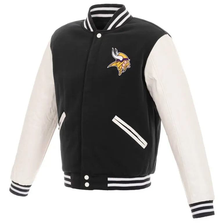 Minnesota Vikings Black Wool and White Genuine Leather Sleeves Men's Varsity Letterman Jacket