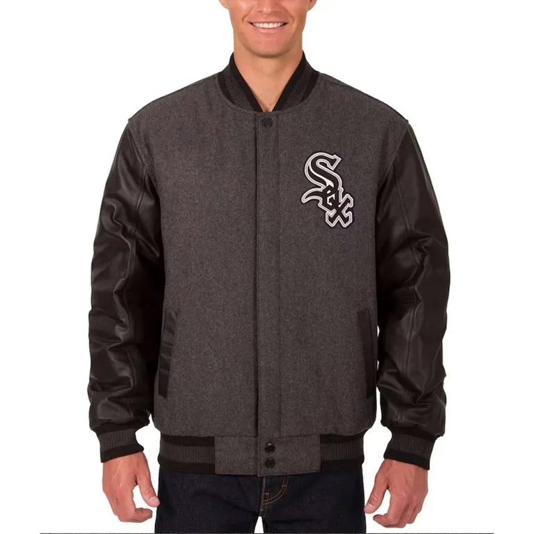 Chicago White Sox Charcoal Wool & Black Leather Sleeves Full-Snap Varsity Men's Jacket