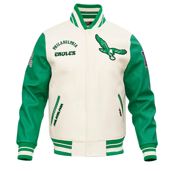 Philadelphia Eagles Mash Up Retro Classic Off White Wool & Green Genuine Leather Sleeves Men's Varsity Letterman Jacket