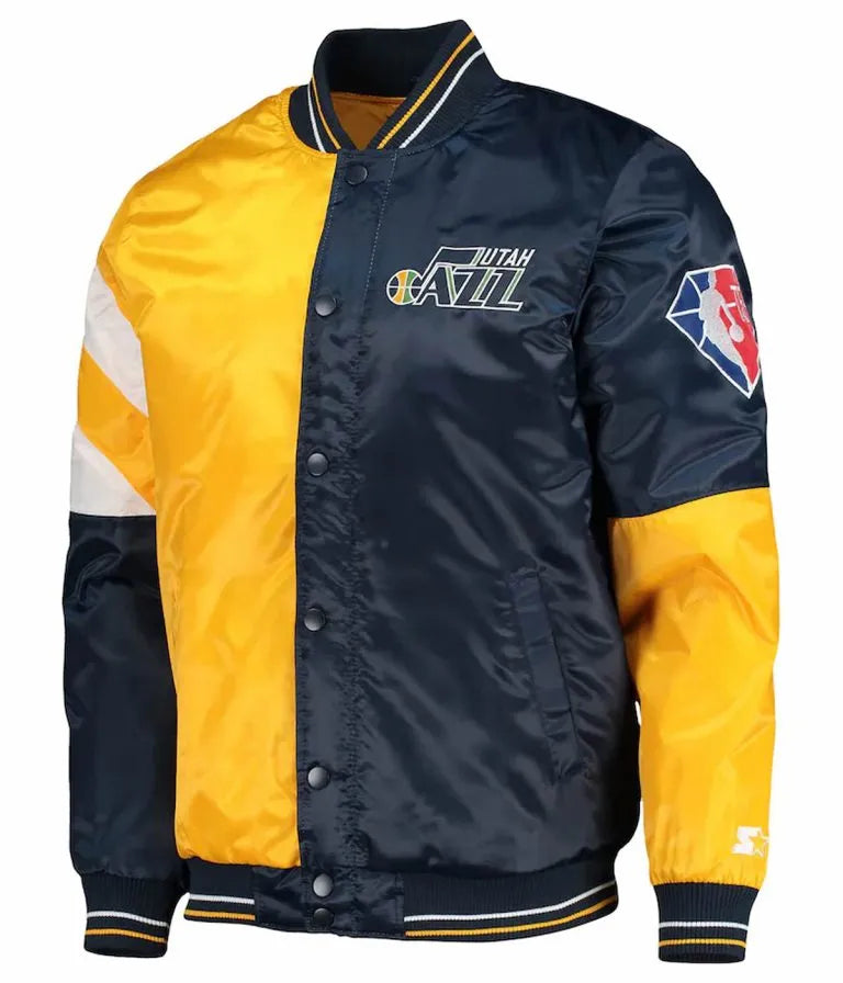 Utah Jazz 75th Anniversary Full-Snap Varsity Color Block Satin Men's Bomber Jacket