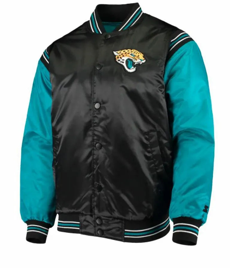 Jacksonville Jaguars Full-Snap Varsity Black and Blue Satin Men's Bomber Jacket