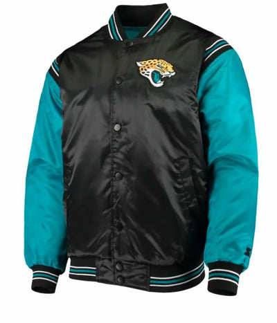 Jacksonville Jaguars Full-Snap Varsity Black and Blue Satin Men's Bomber Jacket
