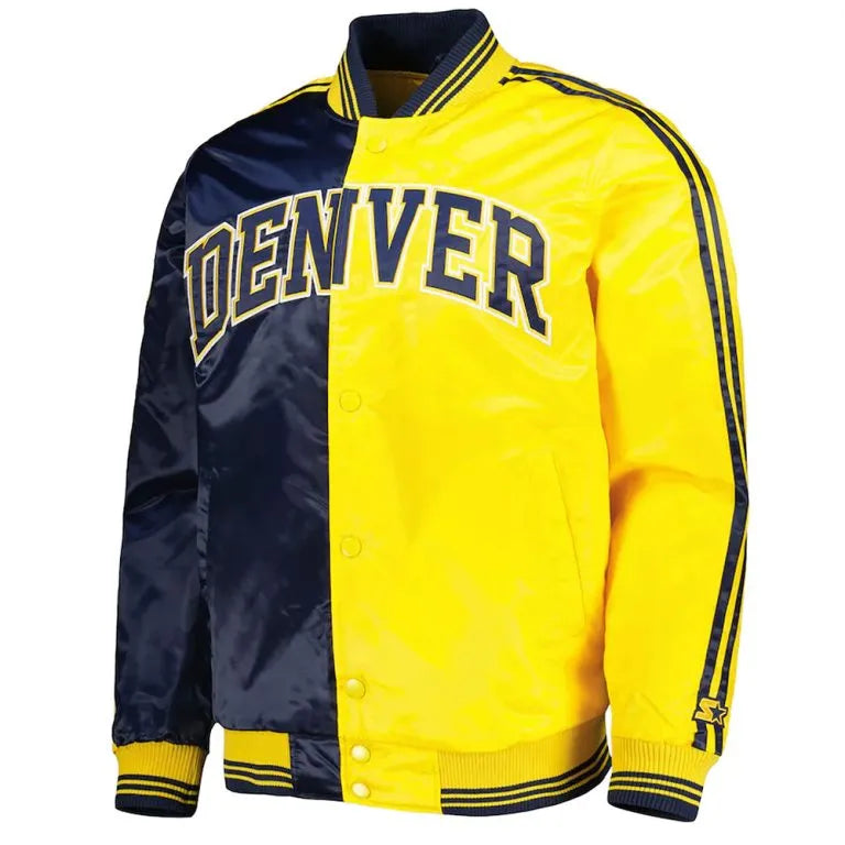 Denver Nuggets Fast Break Full-Snap Varsity Navy Blue and Yellow Satin Men's Bomber Jacket