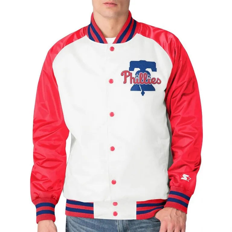 Philadelphia Phillies Clean-Up Hitter Full-Snap White/Red Satin Men's Bomber Jacket