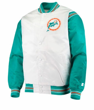 Miami Dolphins Full-Snap Varsity Green and White Satin Men's Bomber Jacket