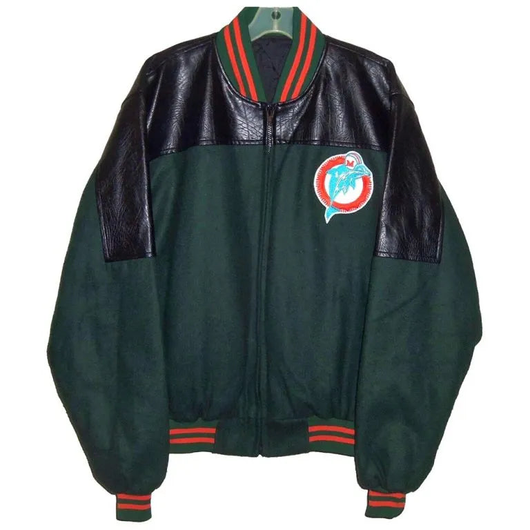 90’s Miami Dolphins Green Throwback Wool and Black Genuine Leather Sleeves Men's Varsity Letterman Jacket