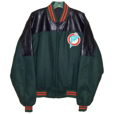 90’s Miami Dolphins Green Throwback Wool and Black Genuine Leather Sleeves Men's Varsity Letterman Jacket