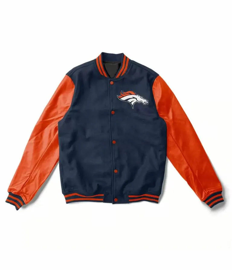 Denver Broncos Navy Blue Wool & Orange Genuine Leather Sleeves Men's Varsity Jacket
