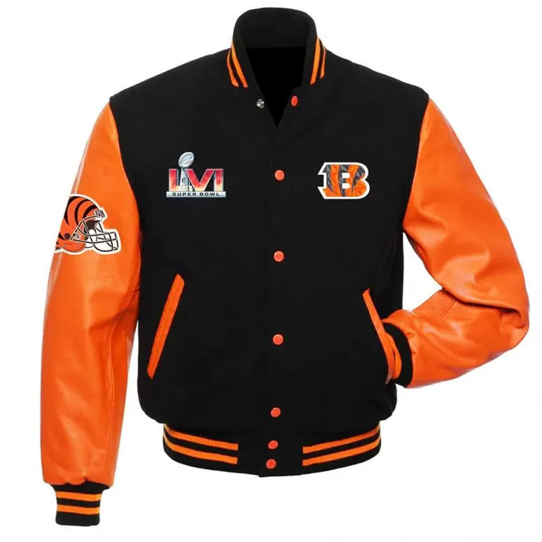 Cincinnati Bengals Super Bowl LVI Black Wool & Orange Genuine Leather Sleeves Men's Varsity Jacket