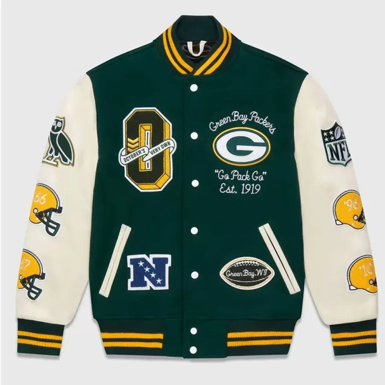 OVO Green Bay Packers Green Wool and White Genuine Leather Sleeves Men's Varsity Letterman Jacket