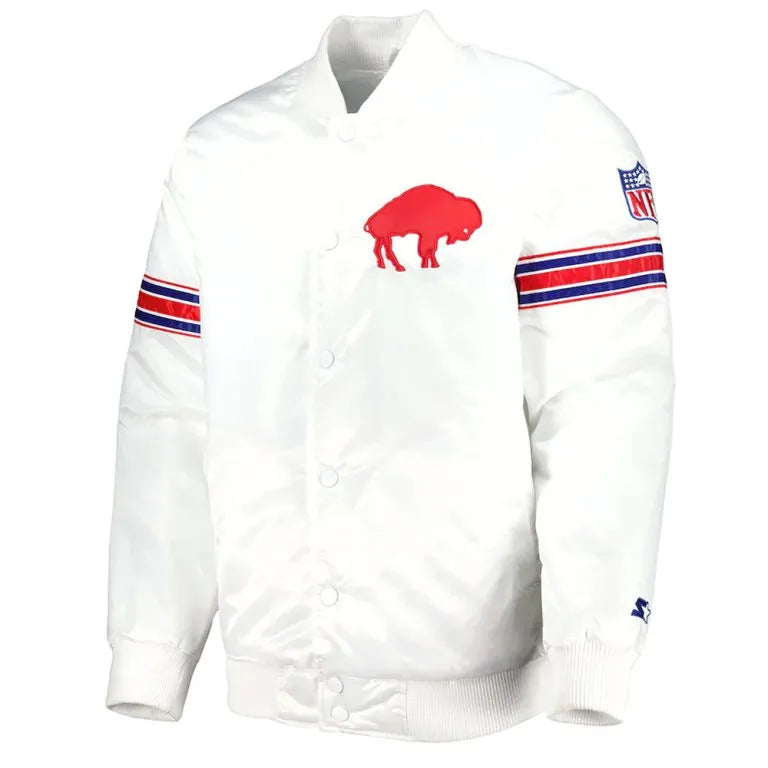 Buffalo Bills The Power Forward Full-Snap Varsity White Satin Men's Bomber Jacket