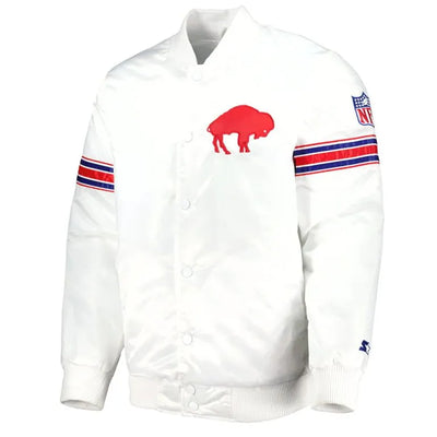 Buffalo Bills The Power Forward Full-Snap Varsity White Satin Men's Bomber Jacket
