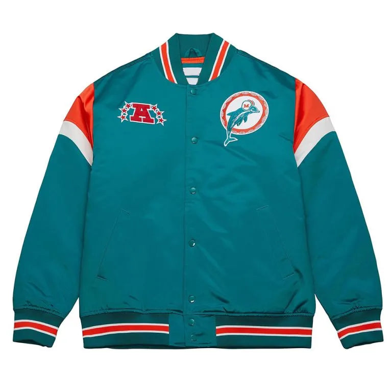 Miami Dolphins Heavyweight Full-Snap Varsity Aqua Satin Men's Bomber Jacket