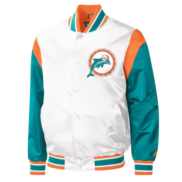 Miami Dolphins Throwback Warm Up Pitch Full-Snap Varsity White & Aqua Satin Men's Bomber Jacket