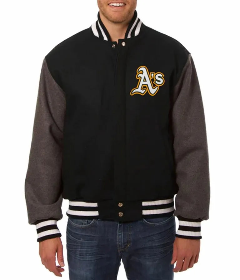 Oakland Athletics Two Tone Black and Gray Varsity Letterman Wool Men's Jacket