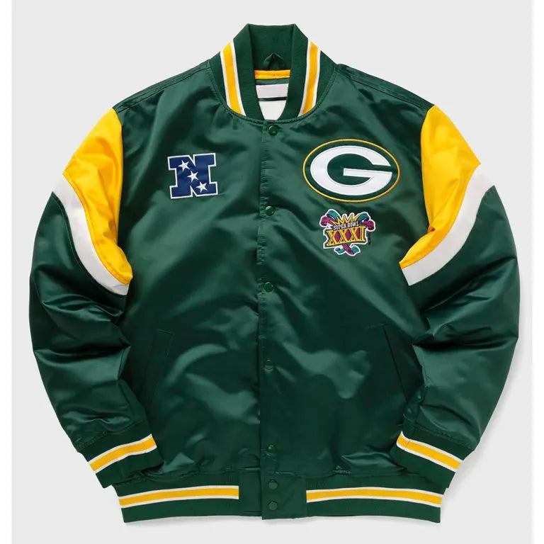 Green Bay Packers Heavyweight Full-Snap Varsity Green Satin Men's Bomber Jacket