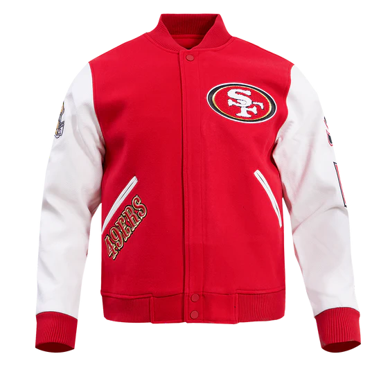 San Francisco 49ers Mash Up Retro Classic Red Wool & White Genuine Leather Sleeves Men's Varsity Letterman Jacket