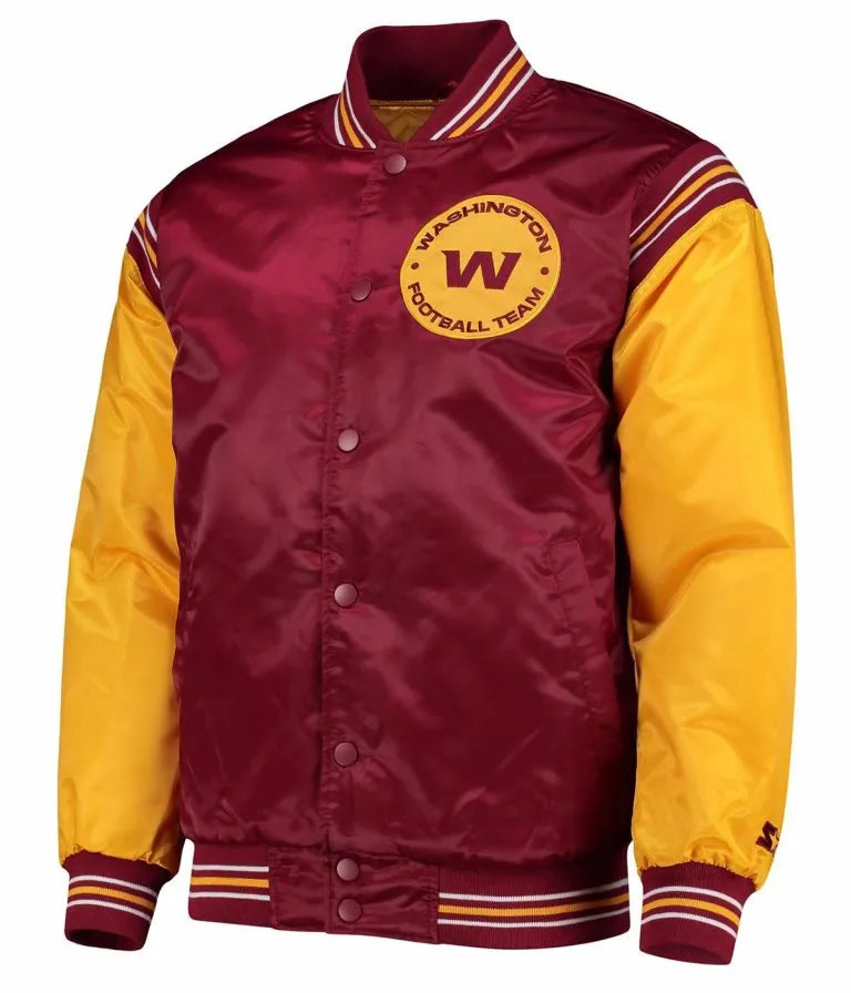 Washington Commanders Enforcer Full-Snap Varsity Burgundy/Gold Satin Men's Bomber Jacket