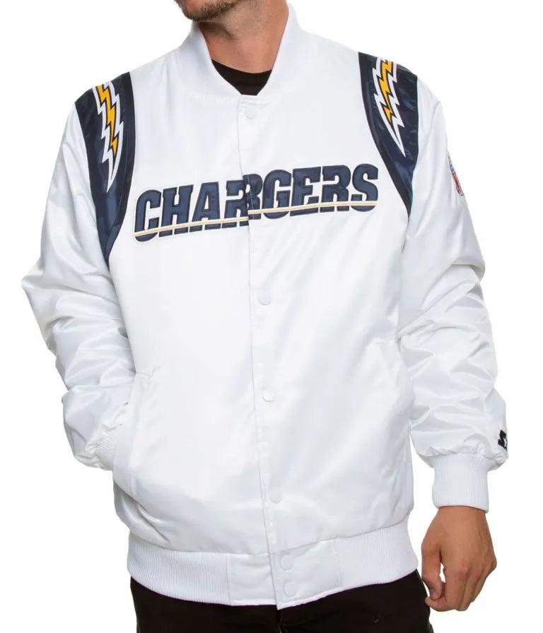 Los Angeles Chargers Full-Snap Varsity White Satin Men's Bomber Jacket